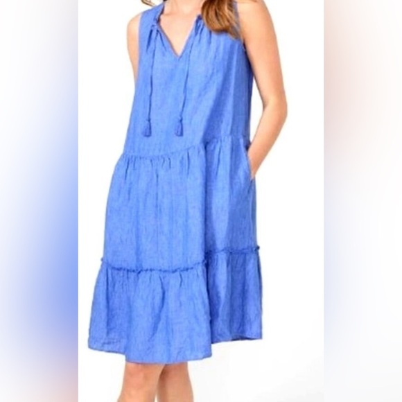 J MCLAUGHLIN Christa Blue Linen Tiered Sleeveless Dress with pockets Size XS - Picture 1 of 13